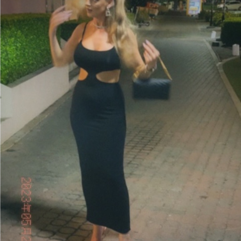 Oh Polly Black Bodycon Midi Dress Spaghetti Strap